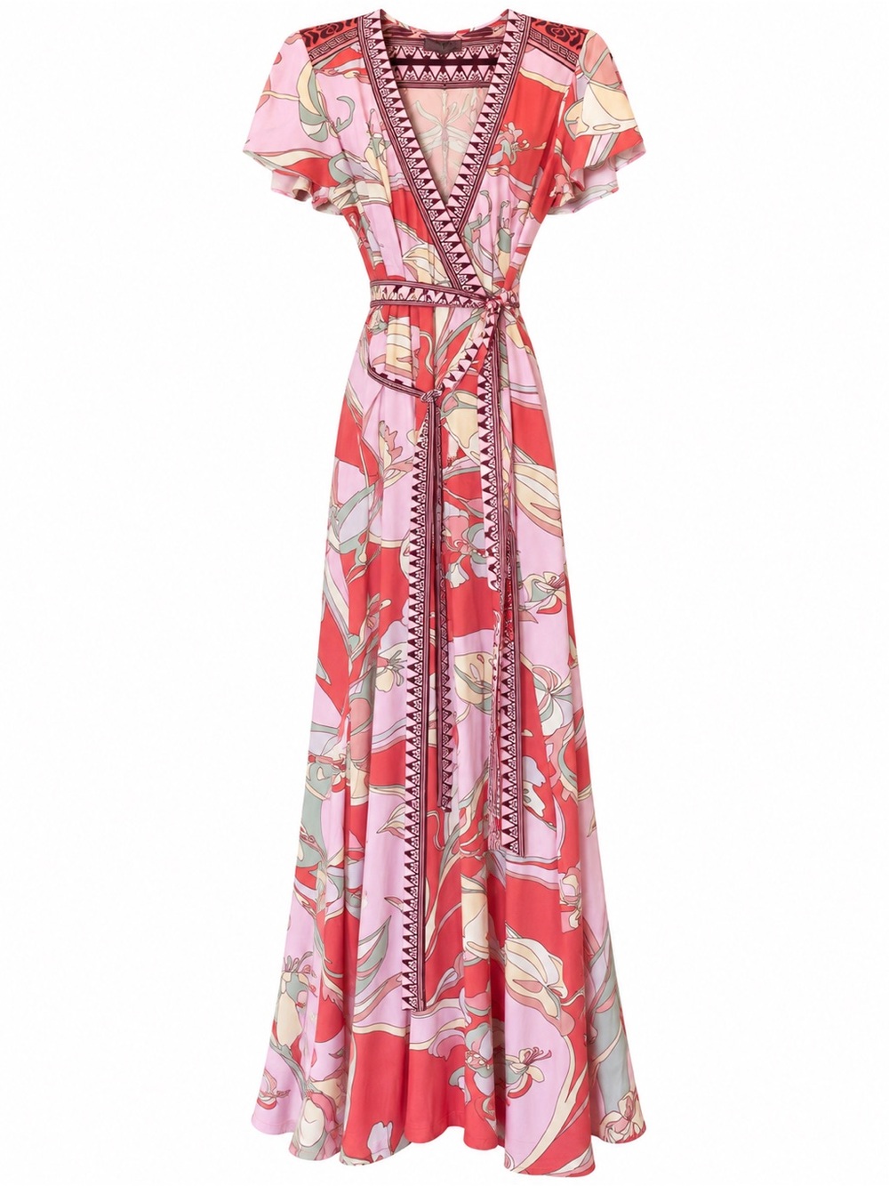 Hale Bob Floral Print Wrap Maxi Dress Pink Red Short Sleeve Size S